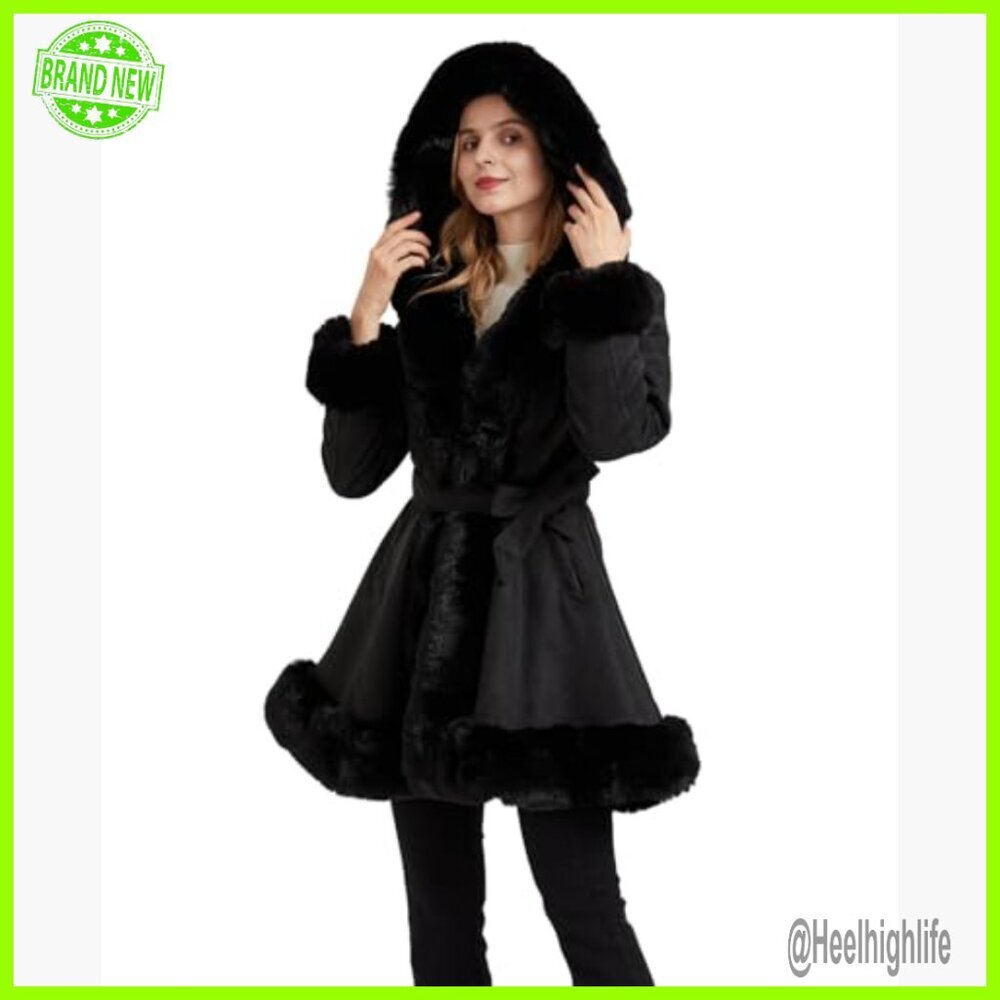 Slim Fit Faux Fur Collar Trench Coat with Belt, Long Sleeve Winter Parka - Picture 5 of 6